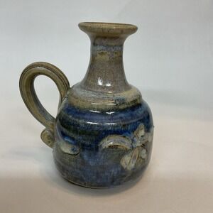 Vintage Handmade Mini Miniature Vase Pitcher Gray Blue Glazed  5" With Handel